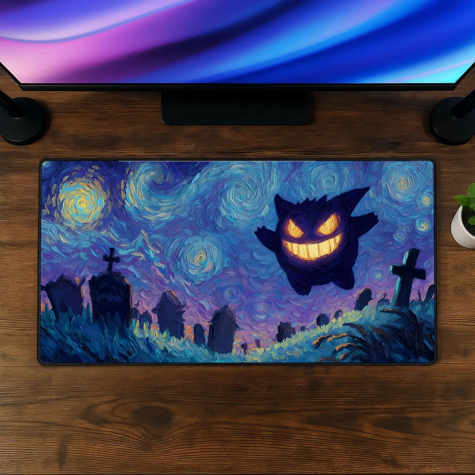 Gengar Mouse Pad Gothic Night Desk Mat, Ghost Anime Gaming Mousepad, Spooky Starry Art XXL Desk Pad, Purple Aesthetic Gamer Decor