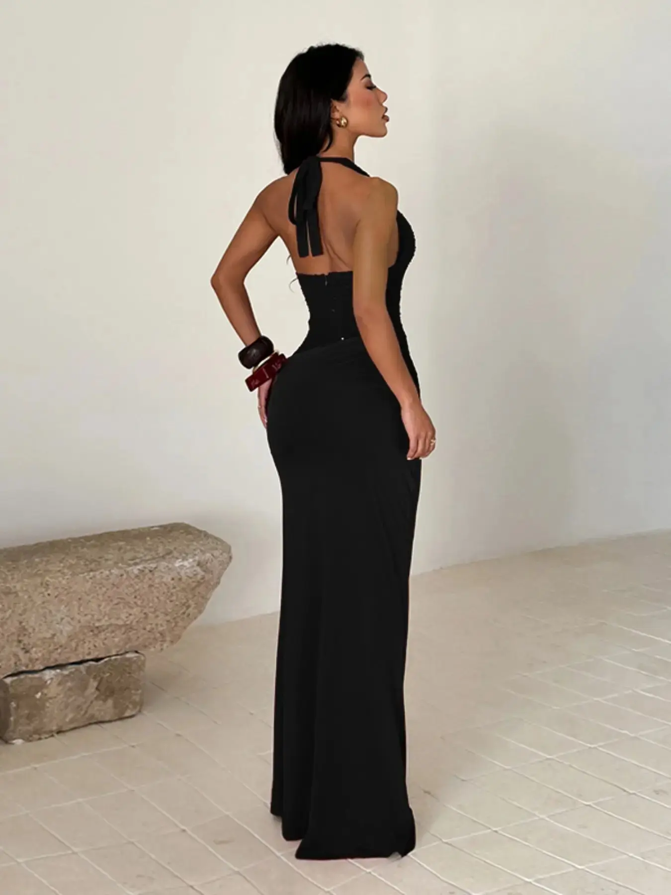 Shimmering Knitted Halter Neck Dress, Chic Patchwork Design, Elegant One-Piece, Formal Wear, Elegance, Perfect for Parties and Special Occasions