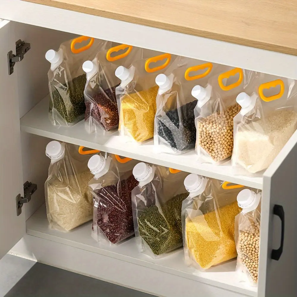12pcs Grain Storage Bags with Handle, Reusable Airtight Food Storage Pouches, Clear Sealed Bags for Rice, Cereal, Flour, Beans, Kitchen Organization, BPA-Free, Moisture-Proof, Multi-Size