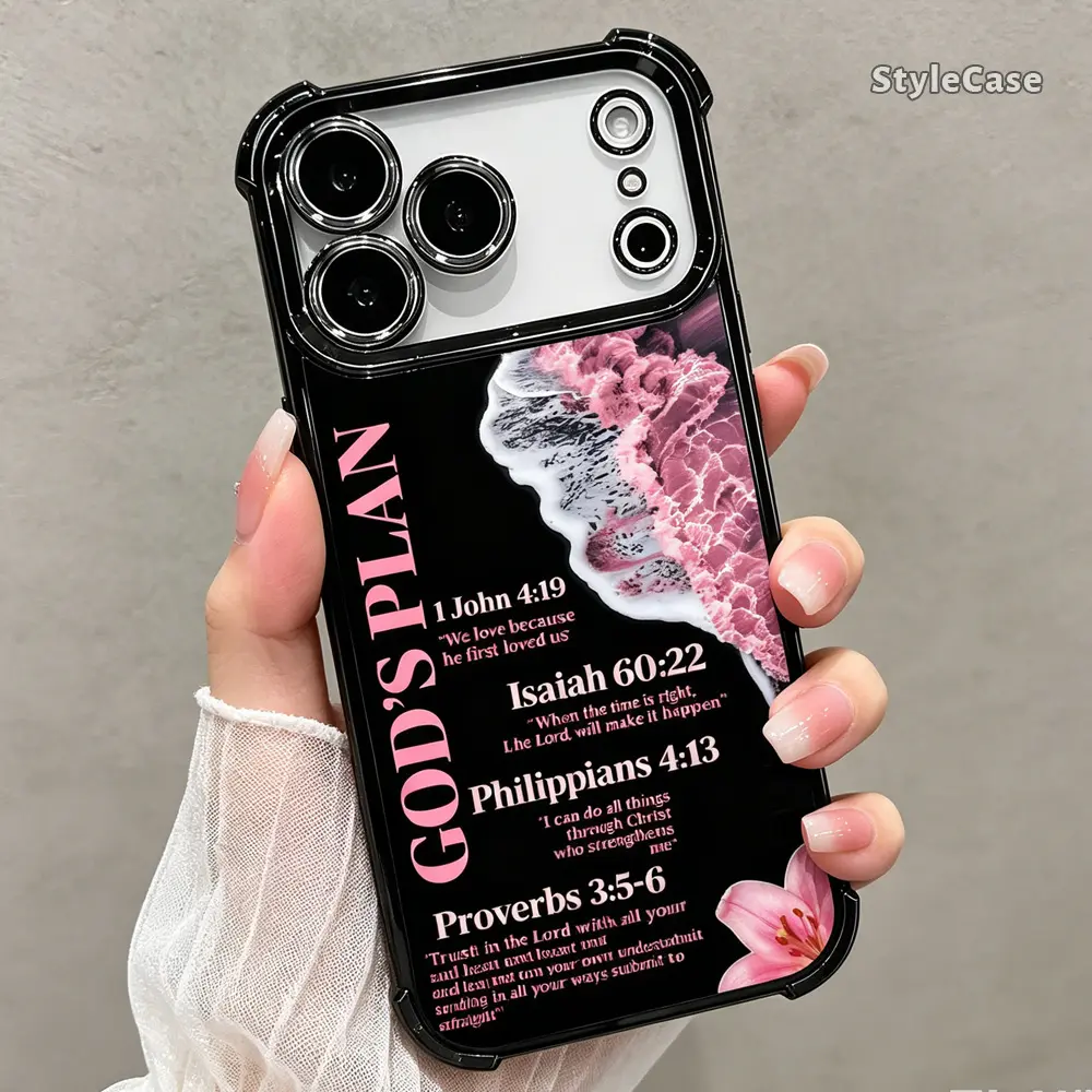 Christian Faith God's Plan Bible Verse Phone Case for iPhone 17/16/15/14/13/12/11 Pro Max Plus Air, Black TPU Soft Cover, Pink Wave Floral Pattern, Shockproof Drop-Resistant, Camera Protection, Faith Gift Idea DDSJ260627018
