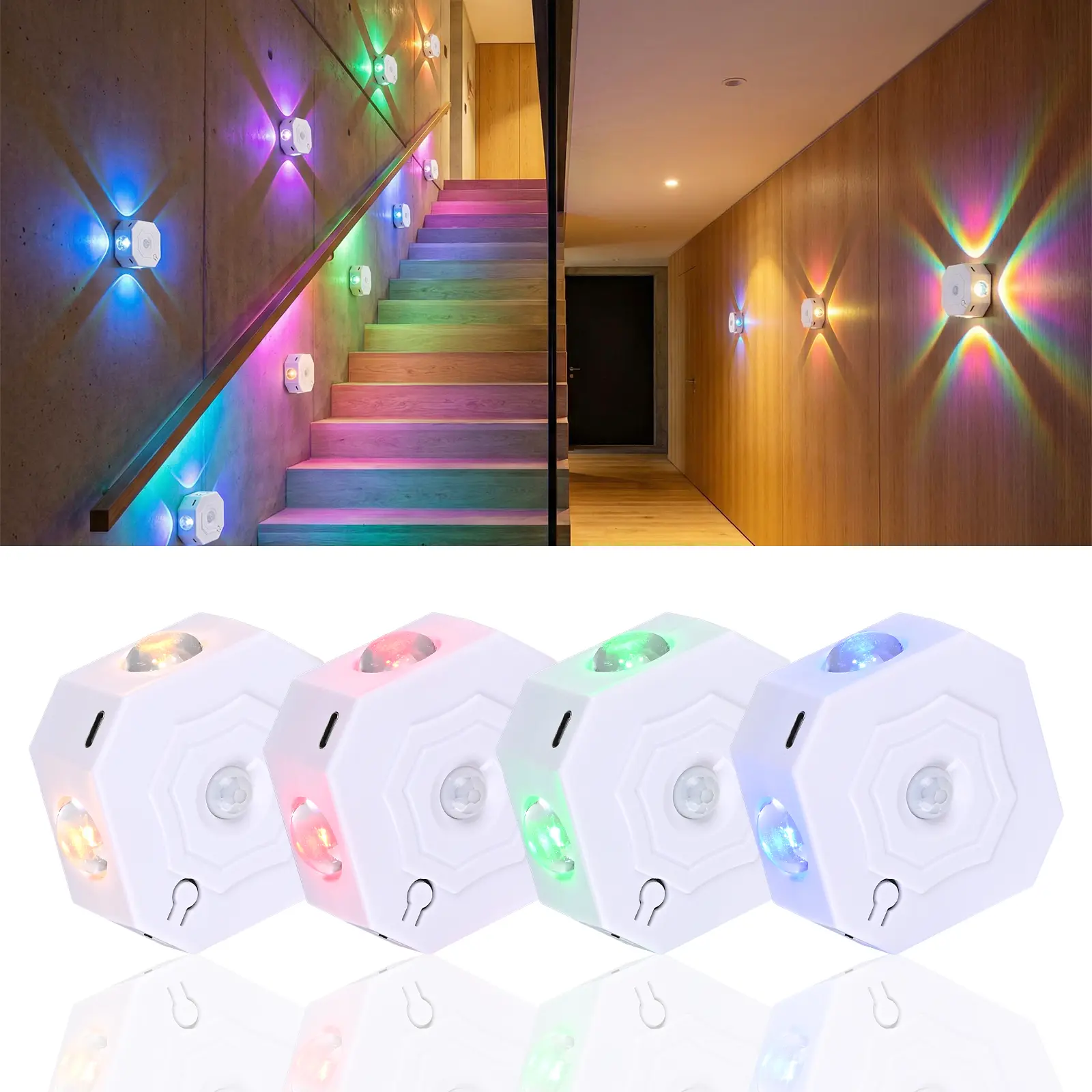 LEDDOTEC Smart RGB Motion Sensor LED Wall Light - LED Lights, Ambient Lighting, 7 Color Switching Modes, USB Rechargeable, Magnetic Mount, Dimmable, Built-in Cells, Plastic Body, Sensor Mode, for Bedrooms, Staircases, Colorful Ambient Light, Bedroom Decor