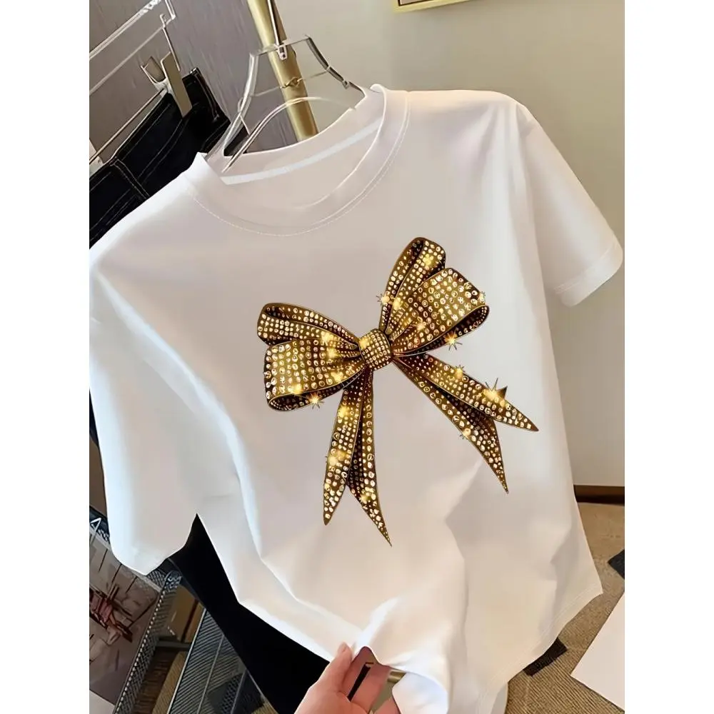 Women's Sequin Rhinestone Bow Graphic T-Shirt, Glam Streetwear Sparkly Shortsleeve Round Neck Top for an Evening Party