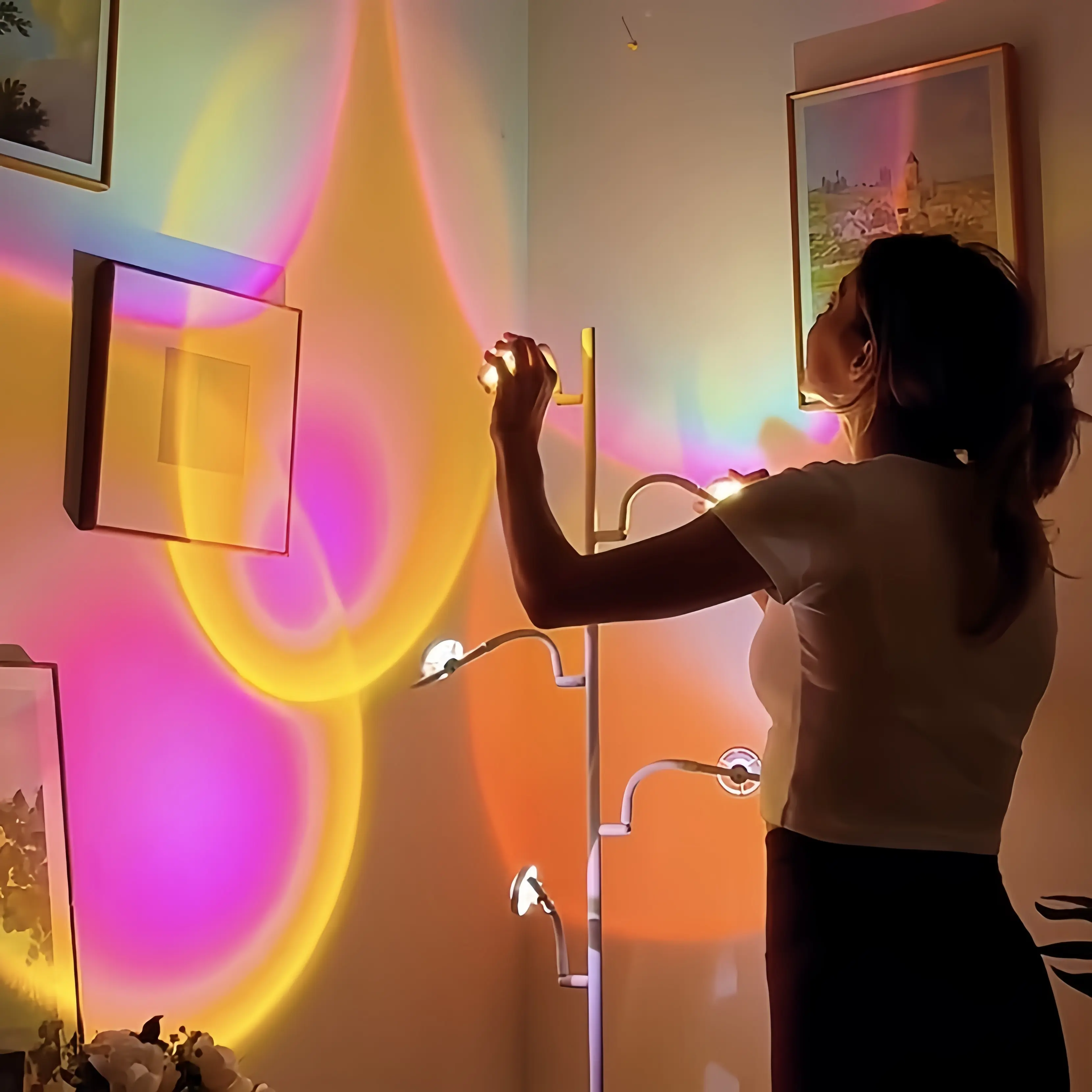 Sunset lamp, 5-head ring sunset floor lamp, ring light strip with interchangeable filters, ambient halo projection floor lamp suitable for bedroom and living room campingessentials