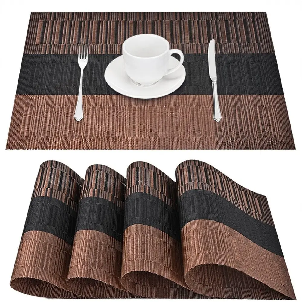 4-Piece PVC Vinyl Placemats & Coasters Set, Durable Heat-Resistant Woven Washable Mats, Non-Slip Thicker Base Tableware, Easy-to-Clean Brush or Hand Wash Wipe/Hang Dry Table Protectors for Dining (Black + Brown)