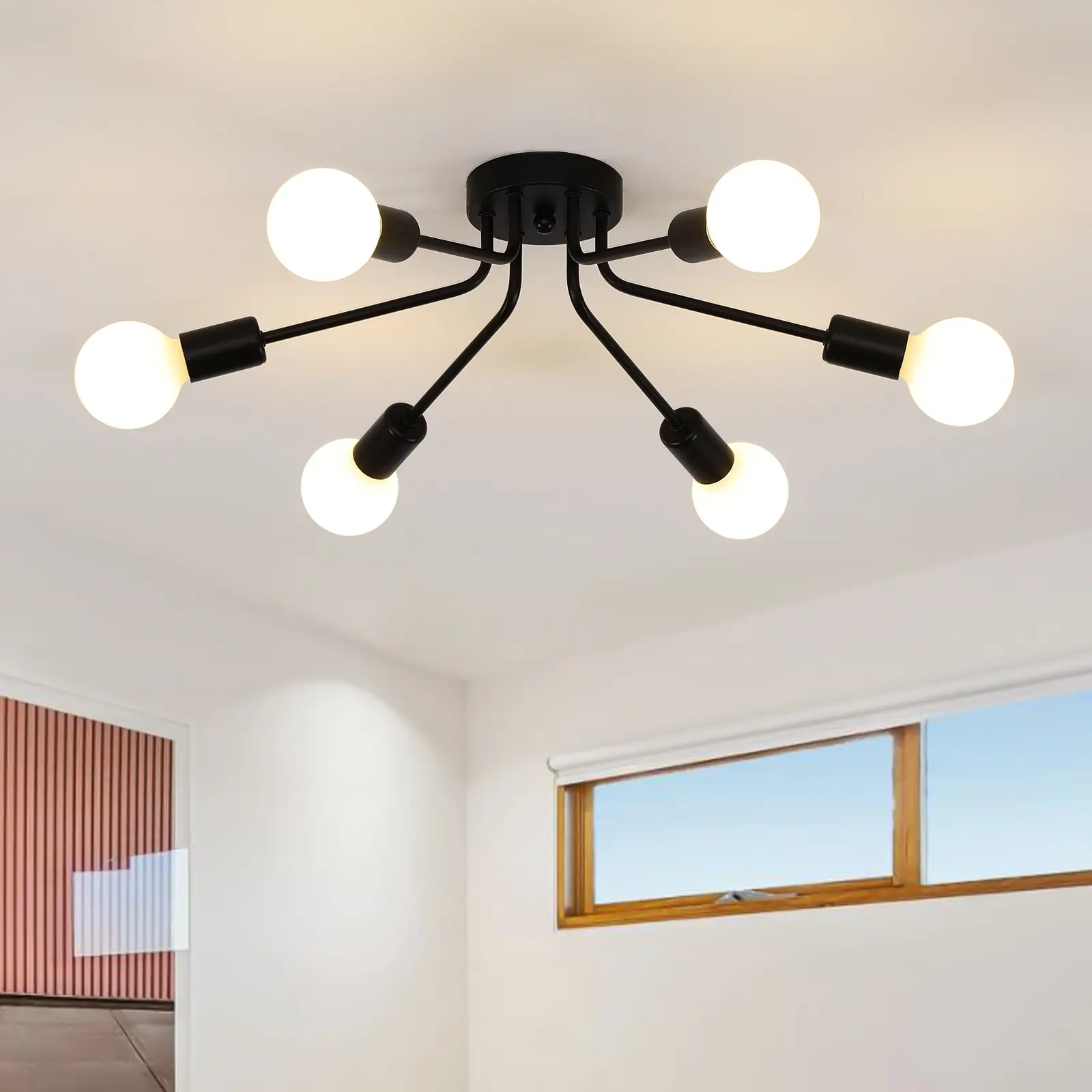 6-Light Semi Flush Mount Ceiling Light Fixture, Modern Black Sputnik Chandelier, Industrial Metal Farmhouse Lamp for Living Room, Dining Room, Bedroom