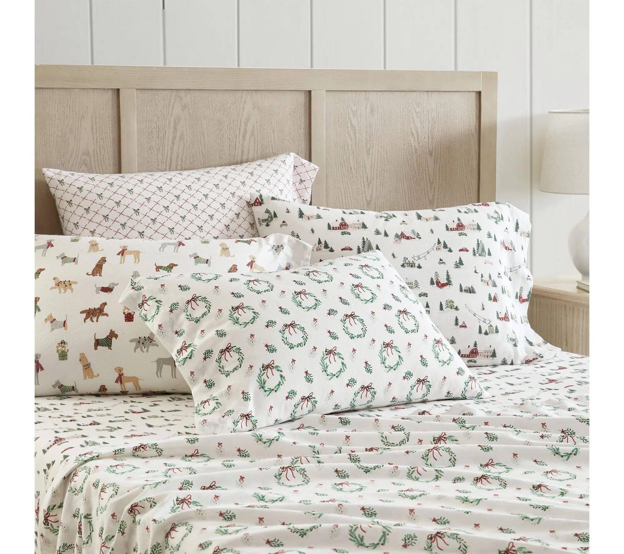Martha Stewart Holiday Bows White/Red Flannel Full Sheet Set