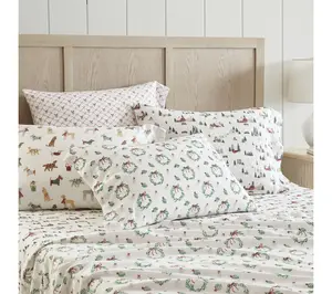 Martha Stewart Holiday Bows White/Red Flannel Full Sheet Set