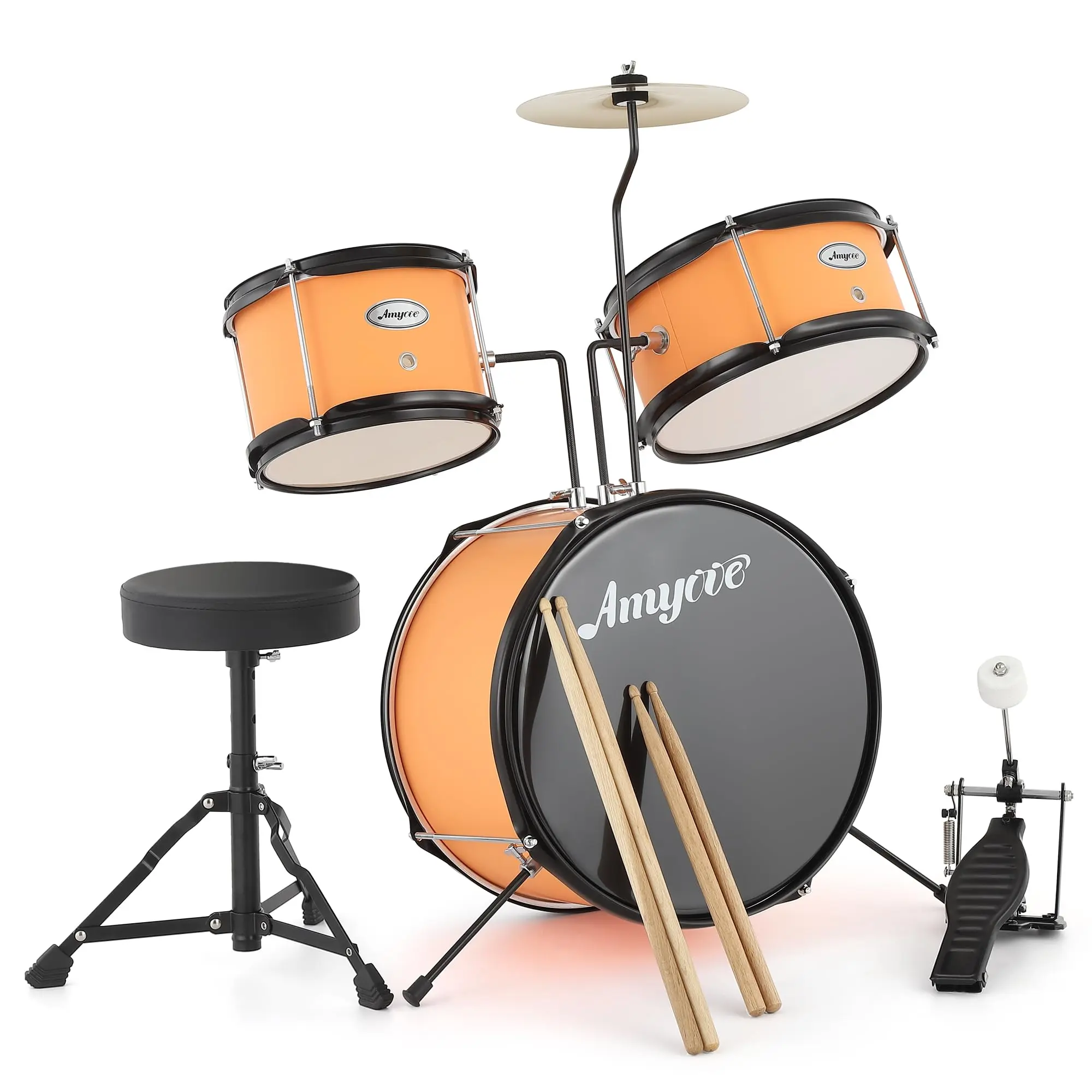 3 Piece AD-100 Kids Drum Set with Cymbal, 2 Drumsticks, Pedal, 2 Tom,Beginner Junior Drum Kit with Throne Stool, Musical Instruments for Boys and Girls, Yellow