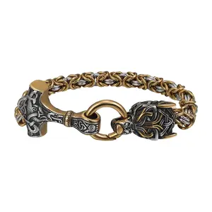 OIDEA Men's Viking Cuff Bracelet - Stainless Steel Norse Mythology Male Jewelry with Mjolnir, Wolf Head, Byzantine Chain, Daily Accessory Gift for Father, Boyfriend summerwins,summerwins
