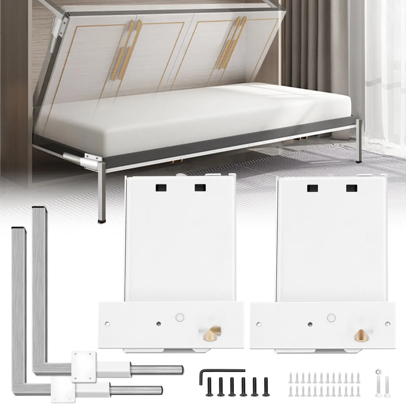 Murphy Wall-Mounting Springs Mechanism for Heavy-Duty Support Hardware DIY Kit, Compatible with Queen or Twin Size Beds in Horizontal Orientation, White Finish, Space-Saving Wall Bed Conversion System, Easy Assembly