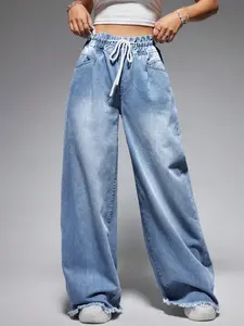 2026 New Drawstring Ruffle Adjustable Waist Wide Leg Denim Jeans for Women, Vintage Washed Edge Straight Leg Slim Fit Casual Pants for Daily Wear and Commute Womenswear