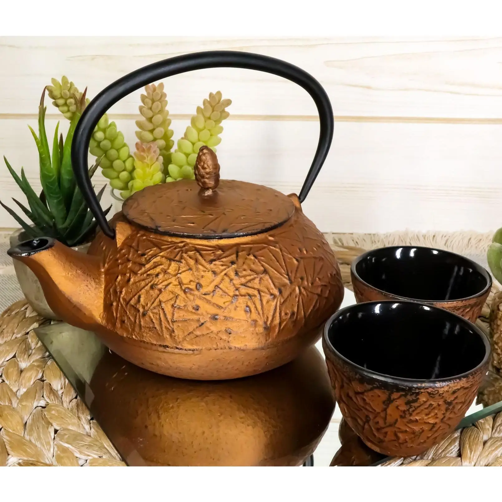 Ebros Japanese Pine Copper-Finish Matchstick Pattern Heavy Cast Iron Teapot and Cups Set - With Strainer, Serves 2