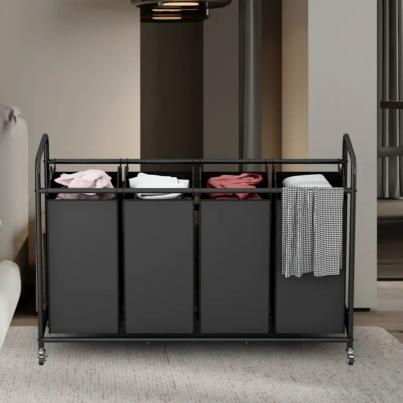 SUOERNUO 4 Bag Bedroom Set Basket Storage Box Sorter Hamper Cart with Heavy Duty Rolling Lockable Wheels and Removable Bags Laundry Container Metal Organiser