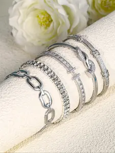 5 Piece Silver Color Stacking Bracelets Set for Women, Classic Minimalist Style for All Seasons, Perfect for Daily Wear and Valentine's Day