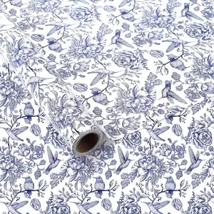 Blue Floral Bird Wrapping Paper Roll -  Roll - 30in x 32.8Ft Blue White  Bird   Wrap Paper for Wedding, Birthday,  Shower, Mother's Day and Bouquet Flower