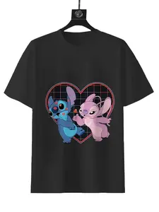 Disney Lilo and Stitch Angel Heart Kisses T-Shirt Black Short Sleeve Round Neck Graphic Tee for Fans Summer Wear