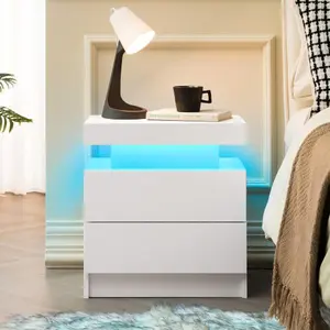 Nightstand with 2 Drawers & Multi-Color Adjustable LED Lights, Modern White Bedside Table with Open Compartment & Closed Drawers, End Table and Sofa Side Table for Bedroom Living Room, White
