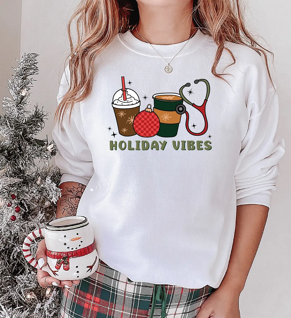 Holiday Vibes Nursing Sweater, Nursing Vibes with coffee cup and stethoscope sweater for Nurses and RNs. Cute Christmas Sweater for Nurses christmas sweatshirt