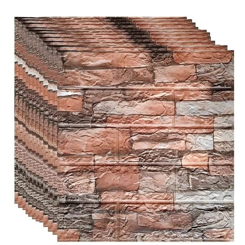 10pcs/20pcs/40pcs/100pcs Embossed Faux Stone Brick Wall Stickers, Peel and Stick Removable Waterproof Wallpaper, Rustic Textured Wall Decals for Interior Walls Living Room Bedroom Kitchen Home Decor, Rental Friendly Budget Room Makeover