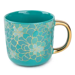 Stoneware Coffee Mug, 16 fl oz, Teal Succulent