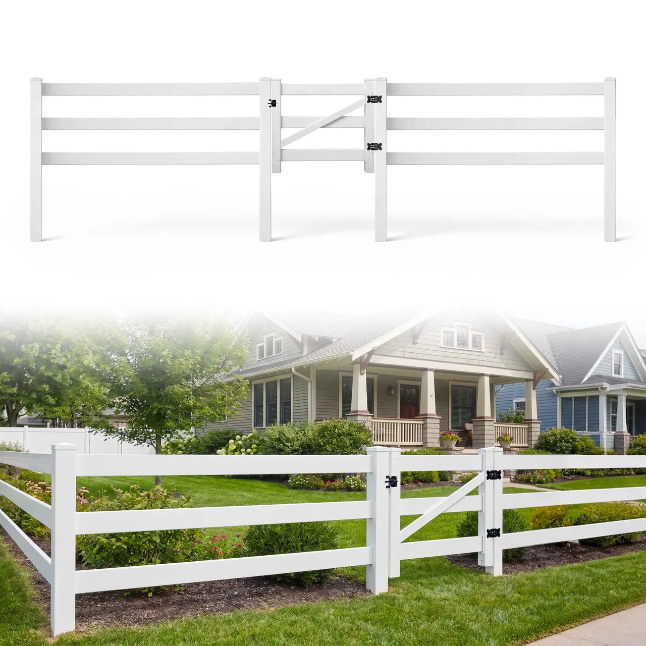 Fencer Wire 300FT Vinyl Ranch Fence Kit, 3-Rail White PVC Fence System with 4ft H x 4ft W Gate, 6ft Posts & 8ft Rails, UV-Resistant, Easy Installation, Durable Outdoor Fencing for Ranch, Yard & Farm