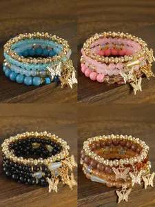 Girls' Bohemian Creative Bracelets, 4 Packs Butterfly Crystal Multi-Layer Beaded Fashion Bracelets, Girls' Jewelry Accessories