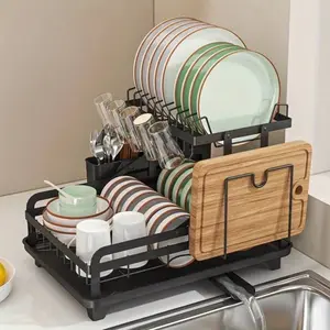 2 Layers Dish Drain Rack, Iron Countertop Lacquered Finish, with Knife Cup Cutlery Rack, for Kitchen Countertop, Suitable for Bowl and Chopsticks Display