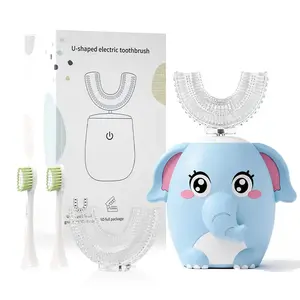 Kids U Shaped Electric Toothbrush Ultrasonic Automatic Brush with 4 Brush Head 6 Clean Modes IPX7 Waterproof Whole Mouth Rechargeable Smart Timer Toothbrushes for Children Age 2-7 (Blue) Oral Hygiene Daily Cleansing Christmas gift