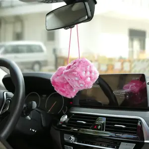 Fuzzy Plush Dice for Car Mirror, Pair of Retro Pink Dice with White Dots for Car Interior Hanging Ornament Decoration