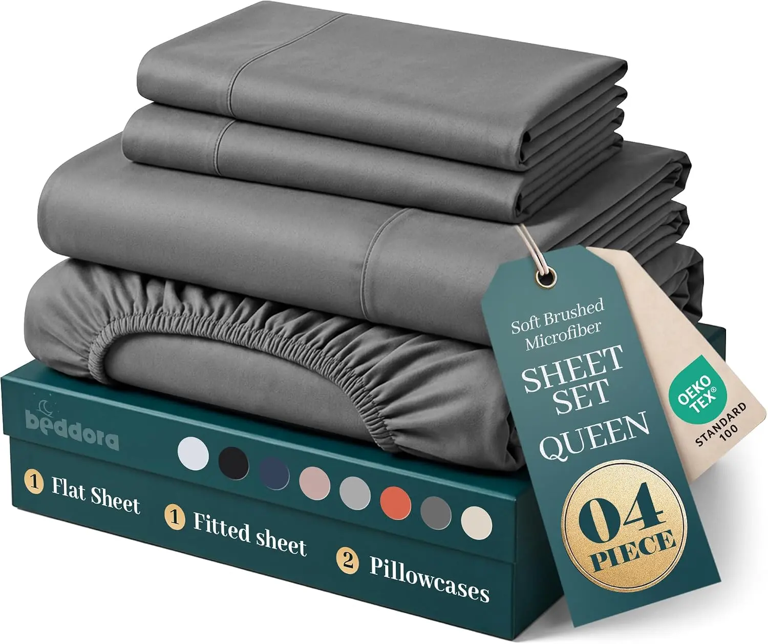 Beddora 4 Piece Sheet Set, Extra Soft Cooling & Breathable Microfiber, Includes 1 Flat Sheet, 1 Fitted Sheet & 2 Pillowcases, Deep Pocket, Wrinkle Free, Hotel Luxury, Oeko-TEX (Grey)