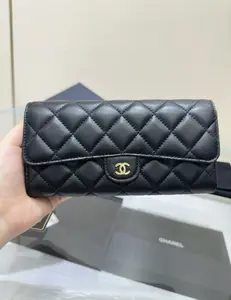 Pre-owned CHANEL Classic Long Flap Wallet, Black Lambskin Leather, Glod Hardware