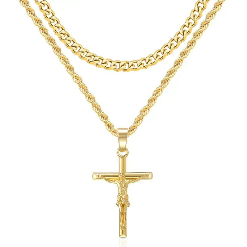 Layered Jesus Cross Pendant Necklace Set for Men & Women | 2-Piece Gold Plated Stainless Steel Cuban & Rope Chains | Tarnish-Free & Waterproof, Gold Cross Pendant Necklaces, Necklace Gift, Layered Chain Necklaces