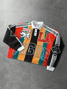 Men's Vintage Rugby Colorblock Polo Shirt, Fitted Color Block Patchwork Geometric Graphic Long Sleeve, La Letter Print, Striped Sleeves, Retro Streetwear Casual Top