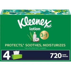 Kleenex Lotion Facial Tissues with Coconut Oil, 4 Flat Boxes, 180 Tissues Per Box, 3-Ply
