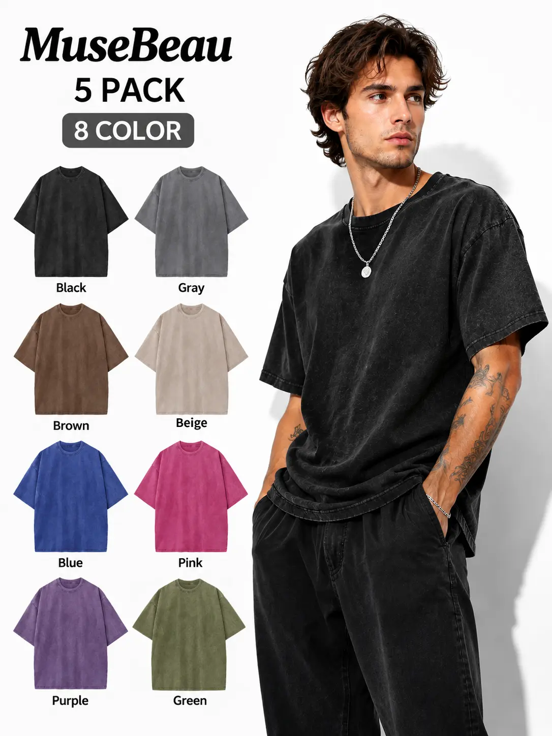 Unisex 100% Cotton 5-Pack Oversized Vintage Heavyweight Acid Wash Baggy Crew Neck Short Sleeve Tees - Plain, Breathable, Retro Streetwear, All Seasons Tops for Gym, Summer Outfits, Shortsleeve, Round Neck