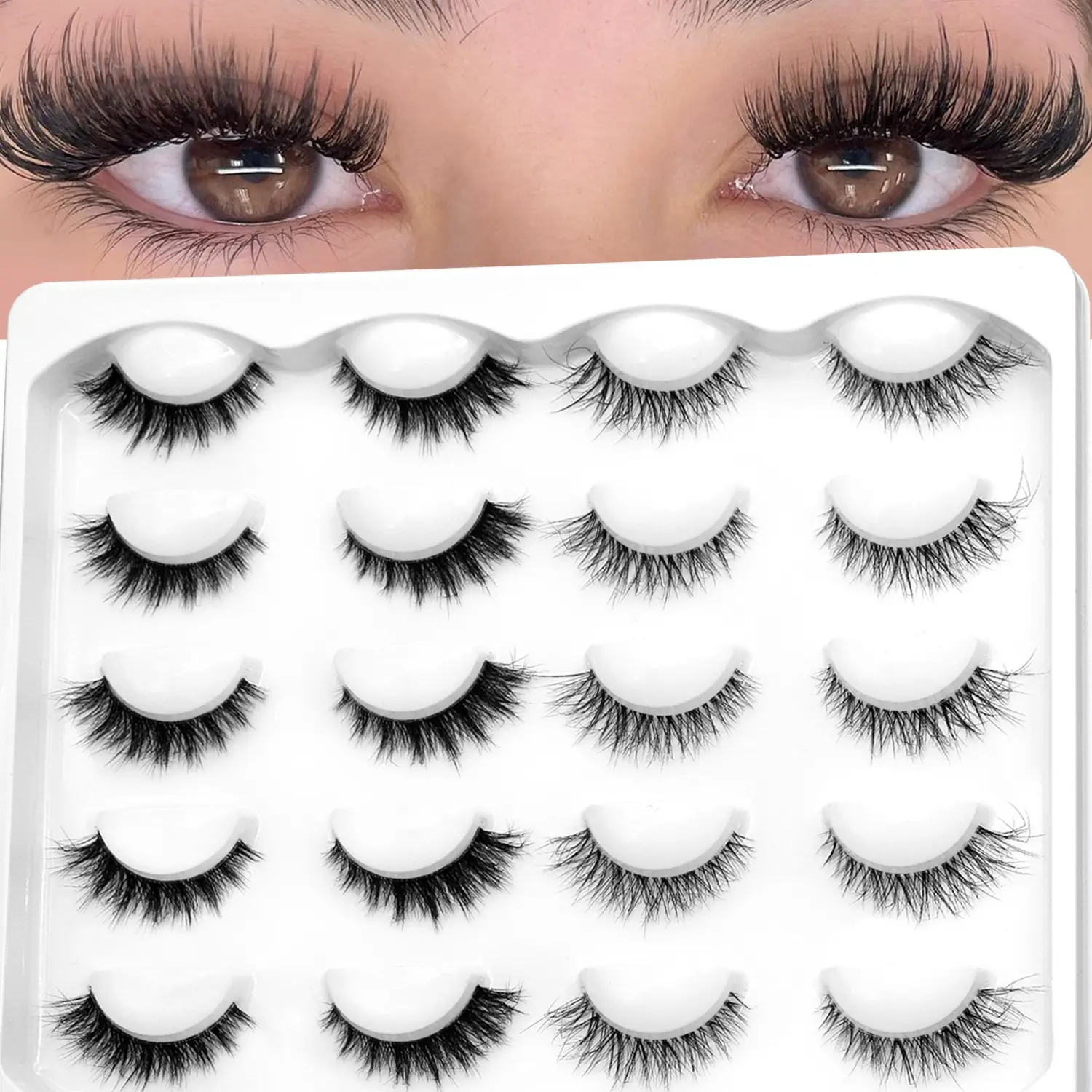 GROINNEYA Natural Look Eyelashes, Soft Natural Eyelash, 10 Pairs Cat Eye Lashes Fluffy Wispy False Eyelashes 3D C Curl Faux Mink Eyelashes Lightweight Fake Lashes With Thin Clear Band,Suitable For Date And Party,Lashes Lift, Anime Lashes