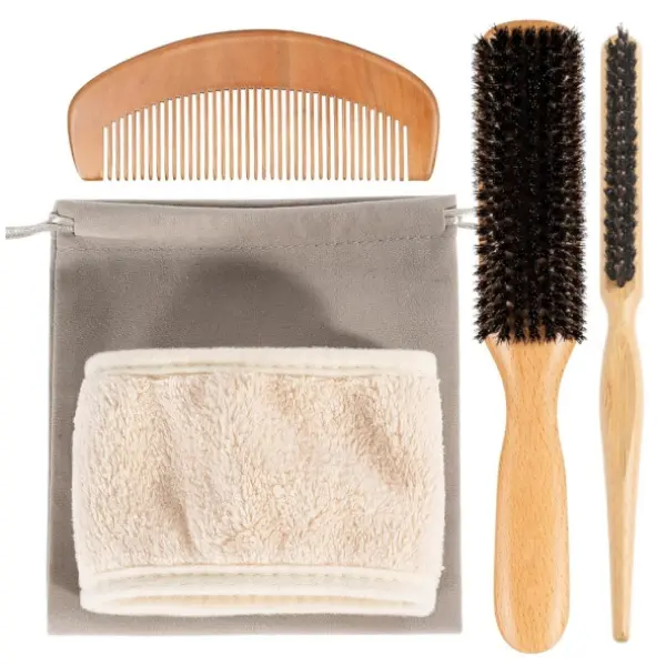 5PCS Boar Bristle Hair Brush Comb Set for Women Men, Soft Natural Slick Back Hair Brush for Thin & Fine Hair, Travel Bag & Spa Headband Included campingessentials