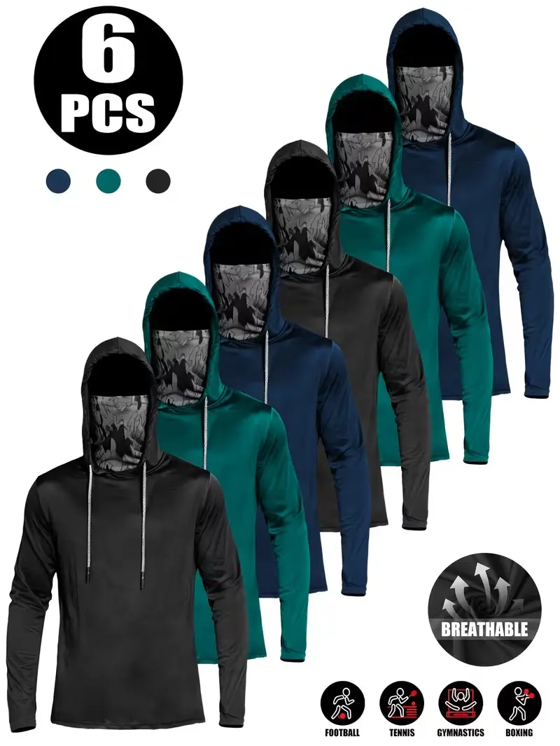 6-Pack Men's Tactical Performance Hoodies with Built-in Camo Face Mask, Quick-Dry Long Sleeve Tops for Hiking, Outdoors & Boxing, Male, Urban Camo, Pullover, Gym, Regular Fit