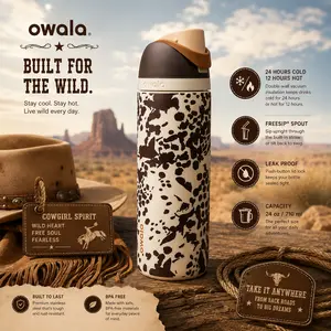 LIMITED EDITION Owala Cowgirl Core Cow Print FreeSip Water Bottle 24oz Western Collection Aesthetic Leak Proof Bottle