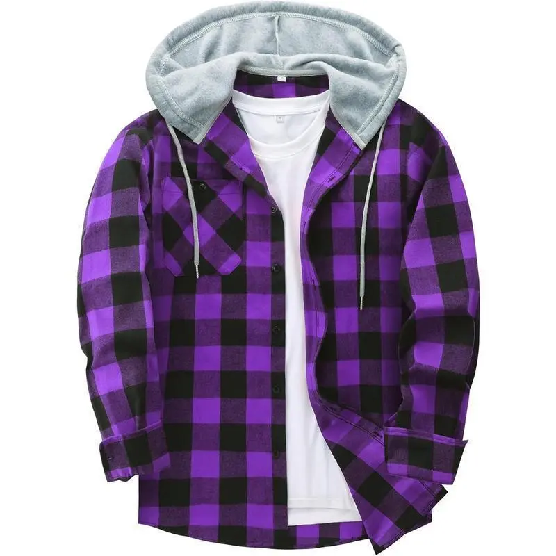 Men's Flannel Hoodie Shirts Casual Button Down Plaid Shirt Jackets for Men Long Sleeve Stylish Hooded with Pocket