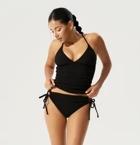 BodyTips V Neck Slimming Cooling Seamless Full Coverage Tankini Soft Fit Design Black Top Swimwear Structure Popular Beach Outfit Flattering Shape Versatile For Pool Vacation Holiday Activities Sunbathing Water Sports Travel Casual Swim Style Resort Look