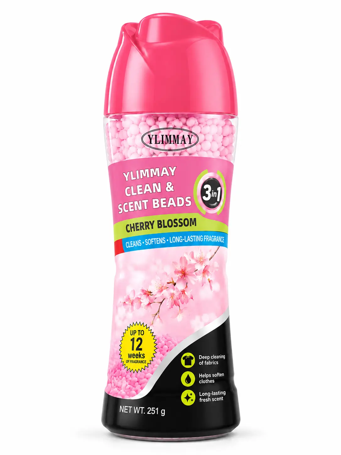 Long-Lasting Fragrance for Up to 12 Weeks After Drying，3-in-1 Clean & Scent Beads，Cherry Blossom, Cleans & Softens Clothes，251g