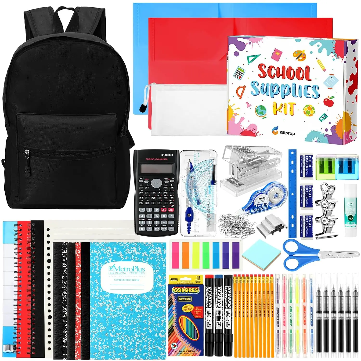 126-Piece 2026 Back to School Bulk Supplies Bundle - Backpack, Calculator, Essential Notebook for 6-12 Grade Middle & High Schoolers (Black)
