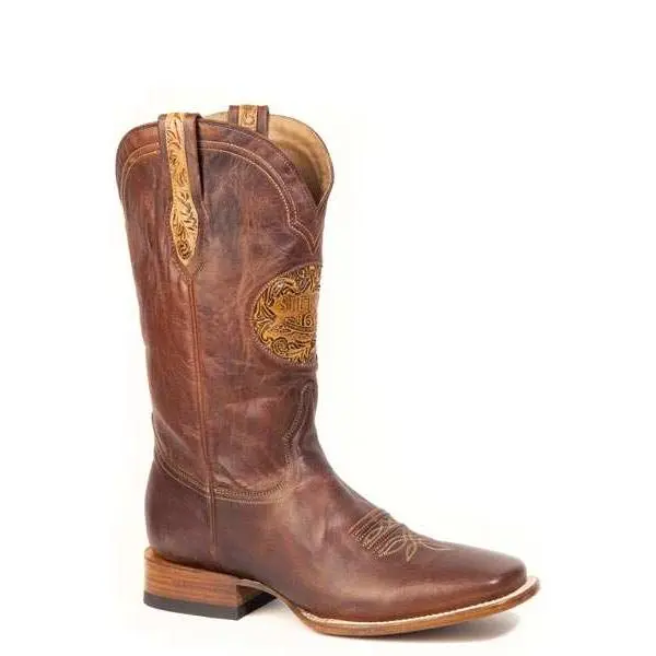 Men's Stetson Handtooled Leather Boots Handcrafted Square Toe Cognac
