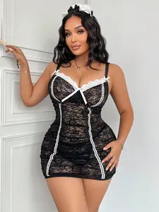 Plus Size Women's Lingerie 2 Piece Set, Sexy Lace Floral Babydoll & G-String With Large Bow - Open Back Bridal Chemise Nightwear, Soft Clubwear For Women, Valentine's Lingerie Christmas Gift For Her