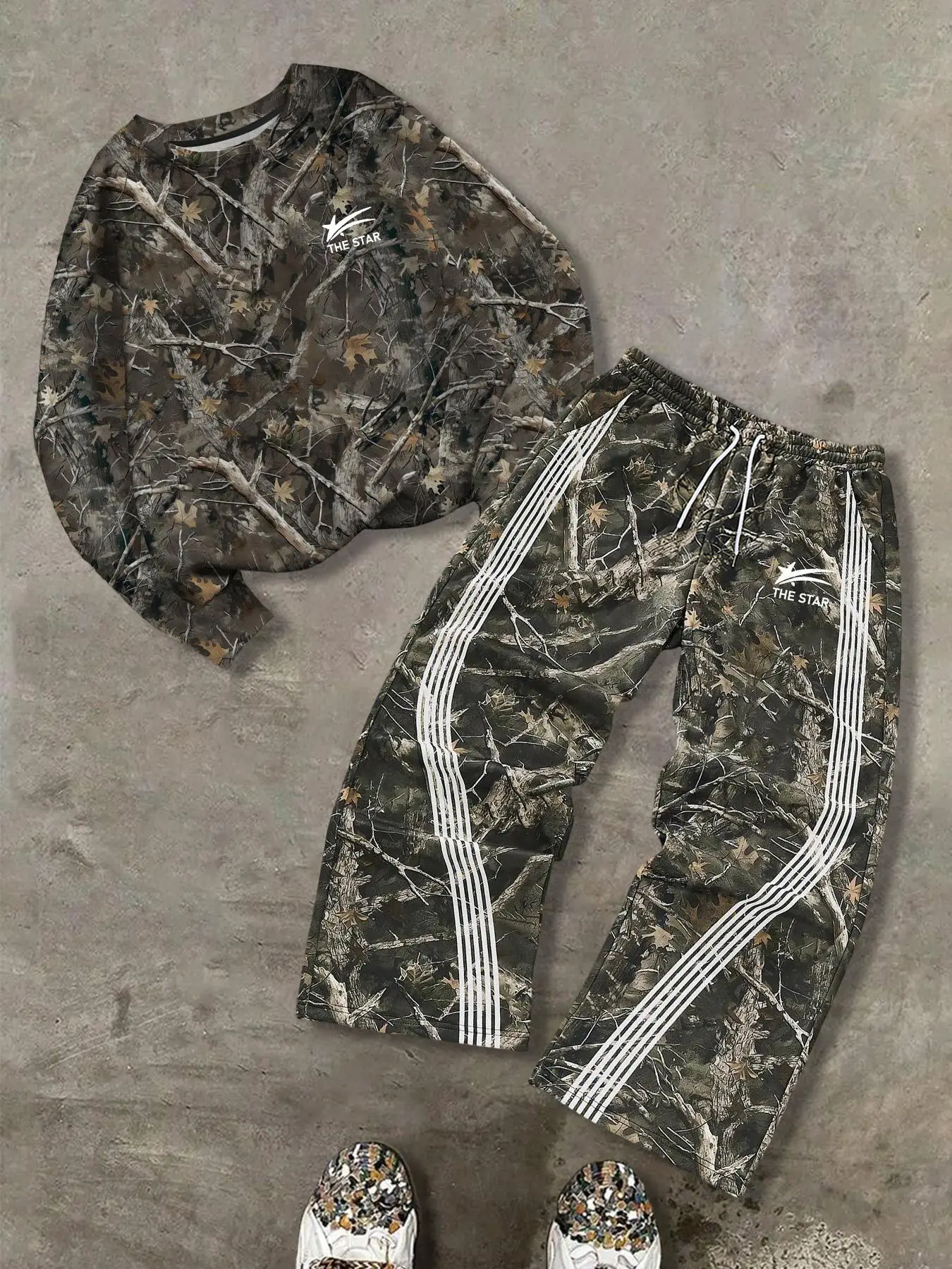 Fashion Streetwear Y2K Style Stylish Loose Long Jungle Camouflage Print Activewear Hoodie & Pants Set, Athleisure Sportswear Set, Athleisure Activewear Clothing, Unique Leaf Pattern, Side Stripe Design, Perfect for Athletic, Fitness, Sports & Casual Wear