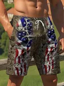 Men's Patriotic Shorts with Camo Flag Print, Comfortable Beach Shorts with Pockets, Sporty Style American Flag Design