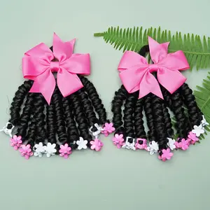 2pcs 4inches Mini Ponytail Extension, Hair Extension with Bows, Springy Twist Braids with Flower Clips, Hair Accessories for casual party Birthday Gift for girl