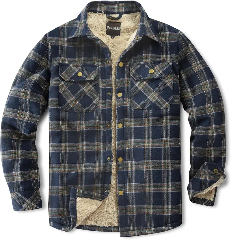 Men's Sherpa Lined Cotton Flannel Shirt Jacket Plaid Button Up Jacket Coat for Men with Pocket