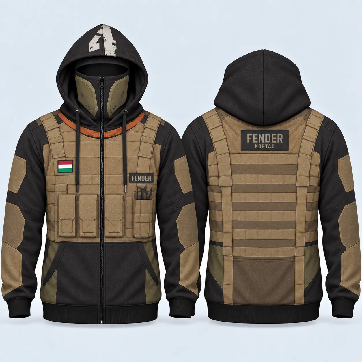 Call of Duty Fender Men’s Zip-Up Hoodie, KorTac Operator Built-In Mask Jacket, Coyote Brown Plate Carrier All-Over Print Hooded Sweatshirt, Tactical Gamer Gift